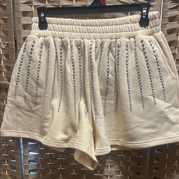 QUEEN OF SPARKLES Cream High-Waist Embellished Shorts - Picture 2 of 7